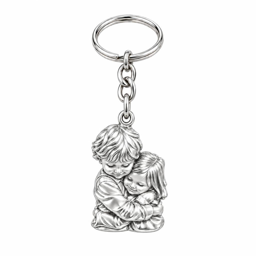Sibling Sweet Embrace Charm Keychain – silver, front view