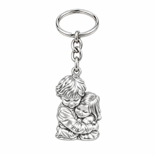 Sibling Sweet Embrace Charm Keychain – silver, front view
