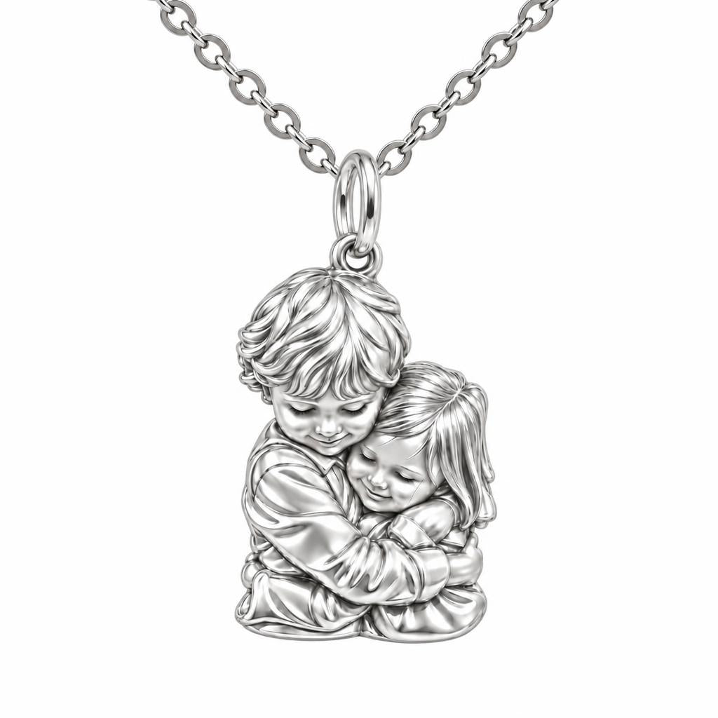 Sibling Sweet Embrace Charm Necklace Set – silver, front view