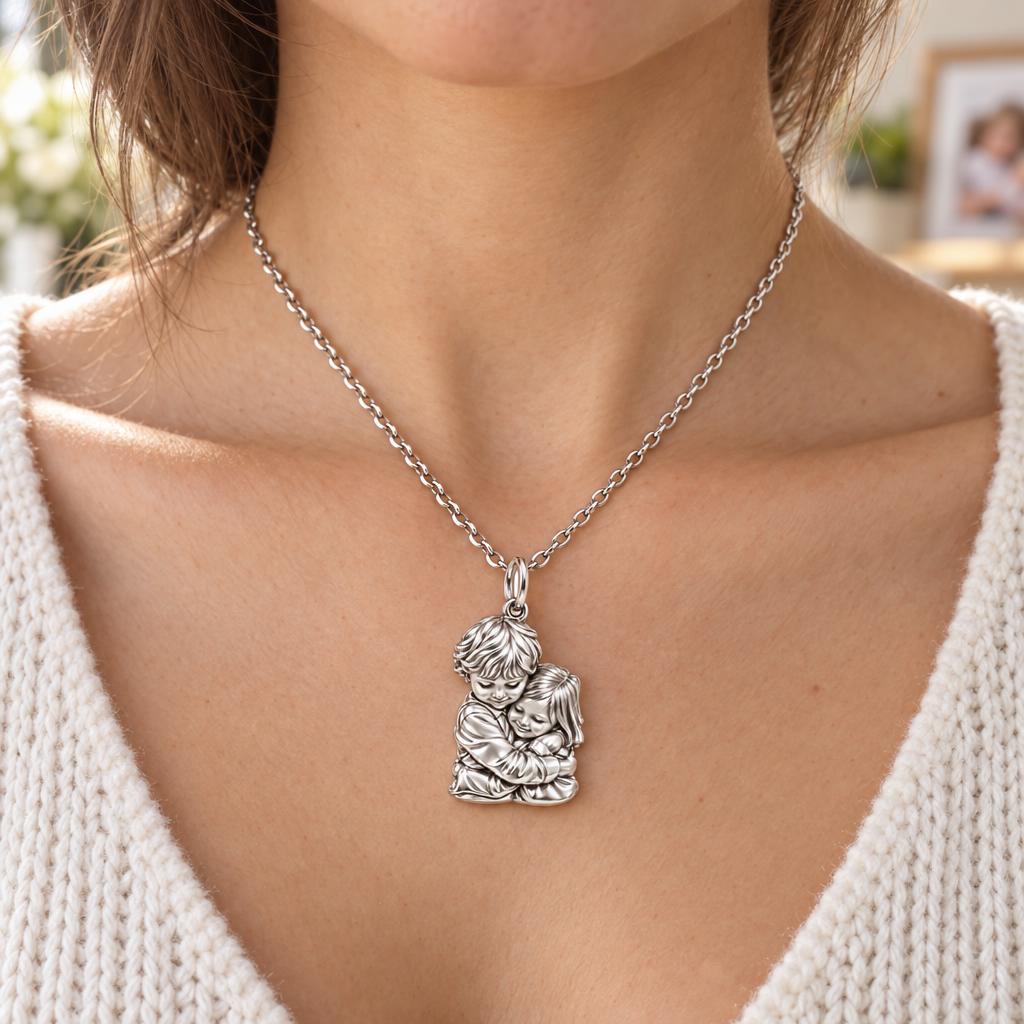 Sibling Sweet Embrace Charm Necklace Set – worn / in use