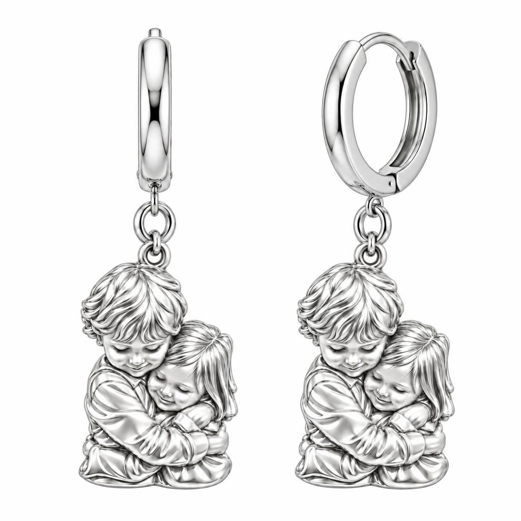 Sibling Sweet Embrace Huggie Charm Earrings – silver, front view