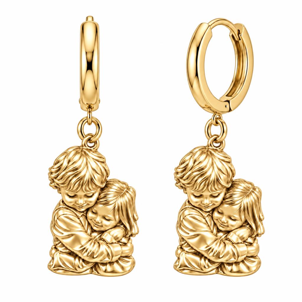 Sibling Sweet Embrace Huggie Charm Earrings – 18K gold, front view