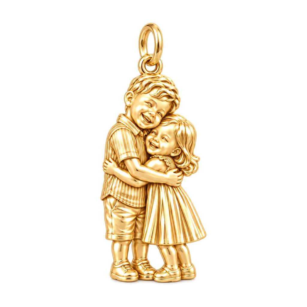 Sibling Sweetheart Hug Charm Bracelet – Personalized Mom Gift – 18K gold charm, front view