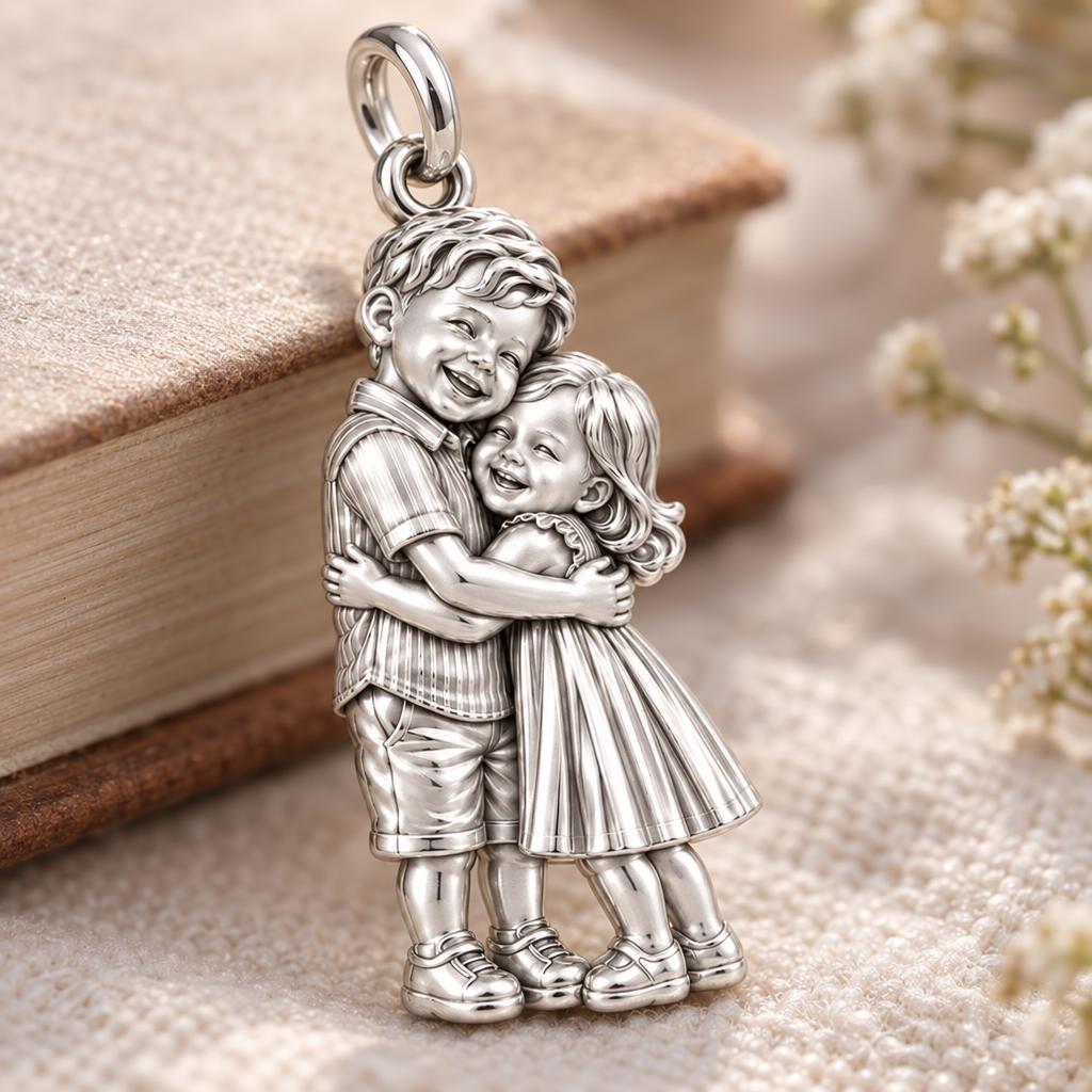 Sibling Sweetheart Hug Charm Bracelet – Personalized Mom Gift – macro detail of the charm