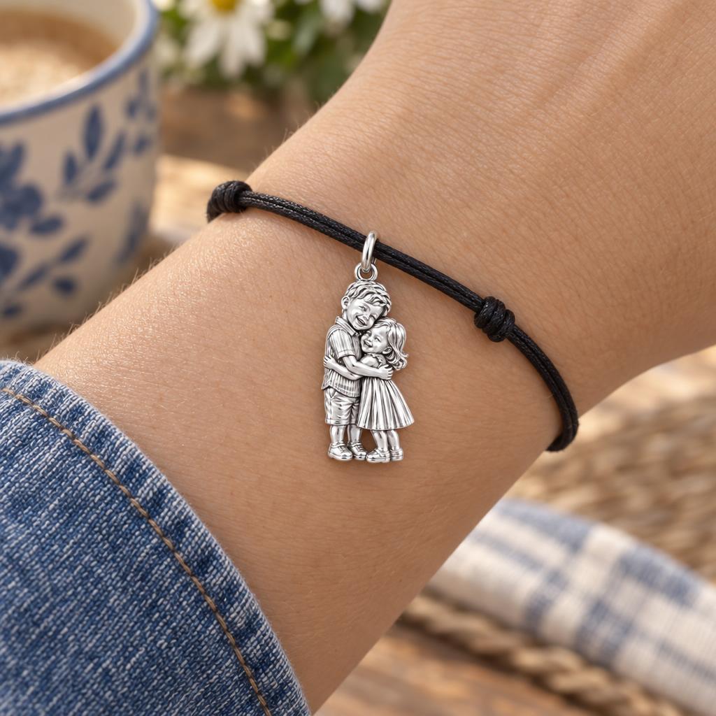 Sibling Sweetheart Hug Charm Bracelet – Personalized Mom Gift – worn on the wrist on a black cord bracelet