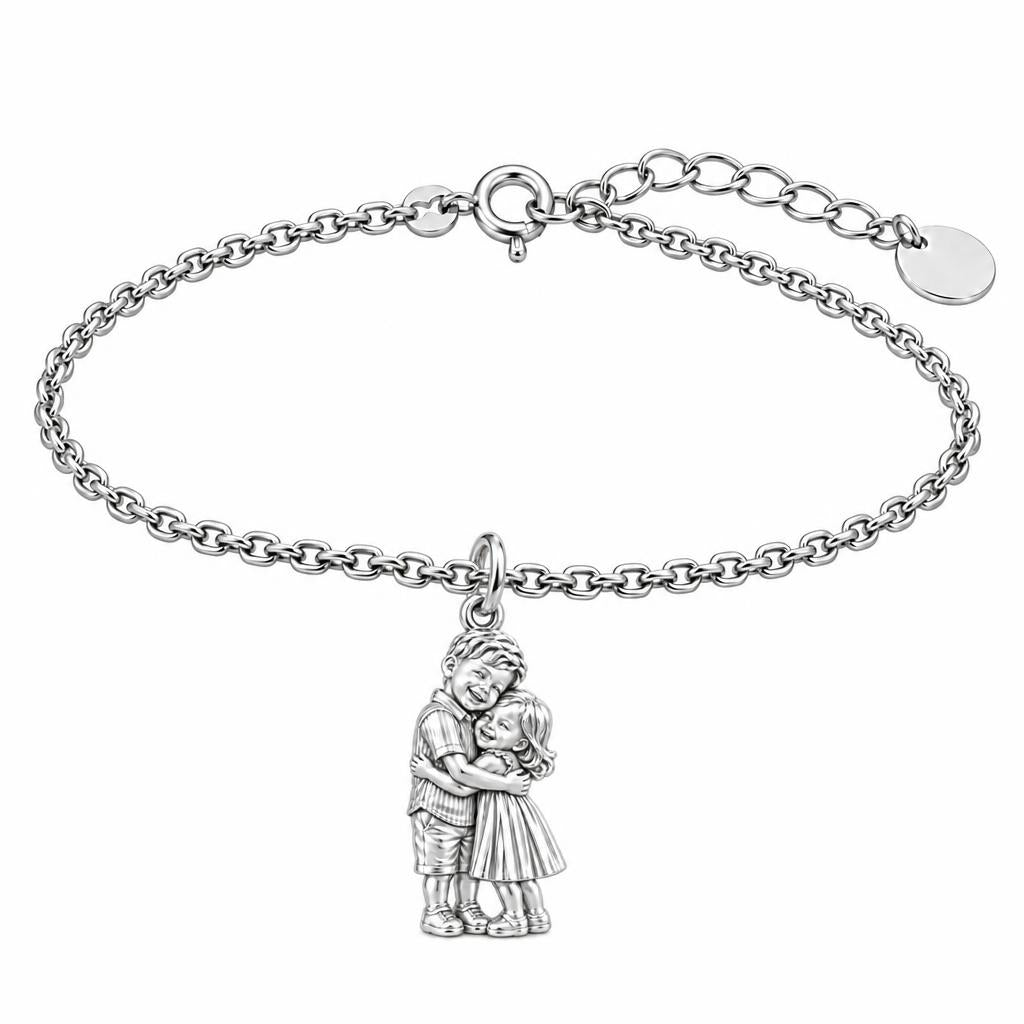Sibling Sweetheart Hug Charm Bracelet Set – silver, front view
