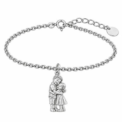 Sibling Sweetheart Hug Charm Bracelet Set – silver, front view