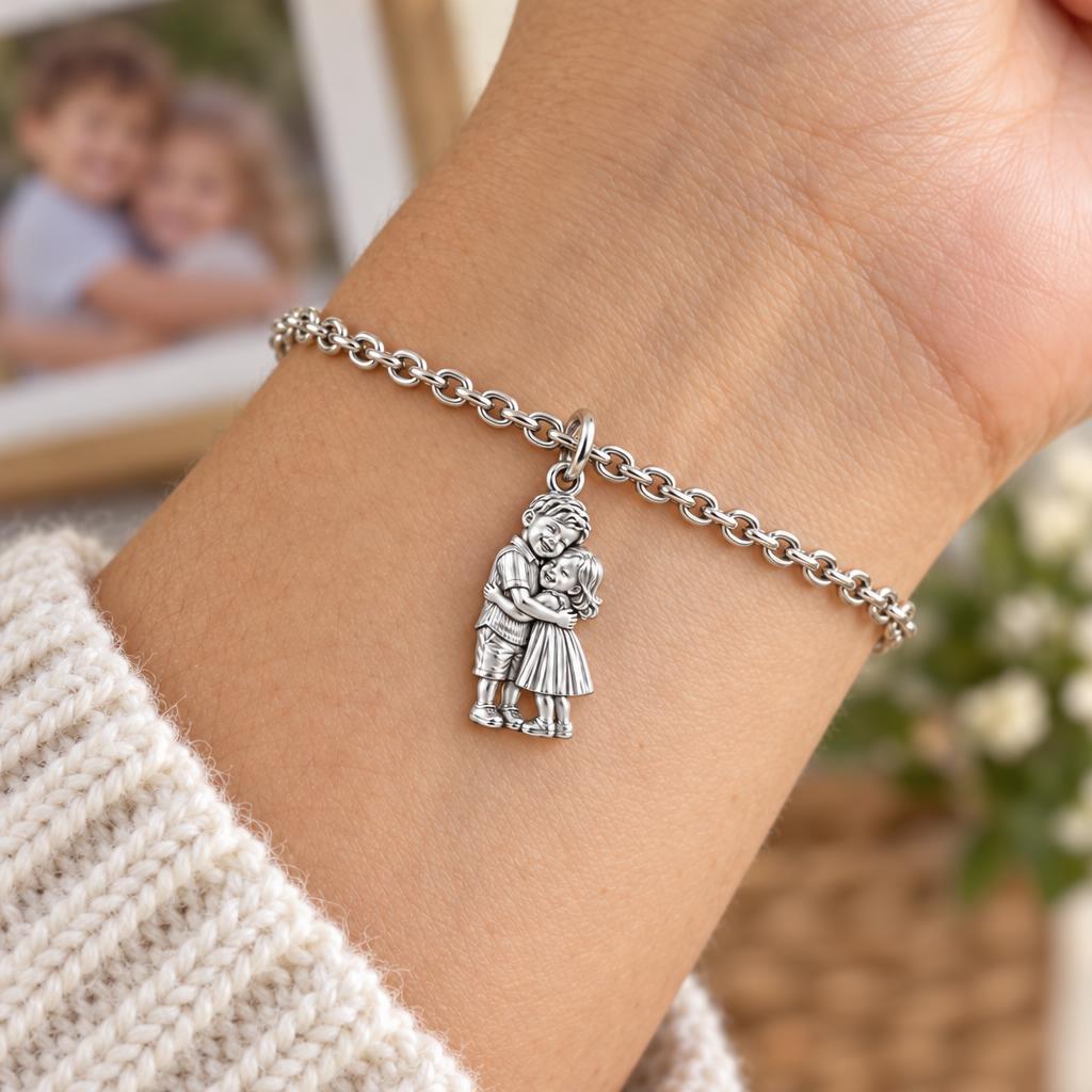 Sibling Sweetheart Hug Charm Bracelet Set – worn / in use