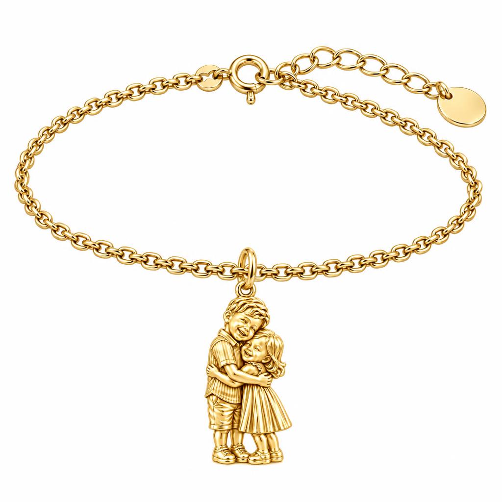 Sibling Sweetheart Hug Charm Bracelet Set – 18K gold, front view