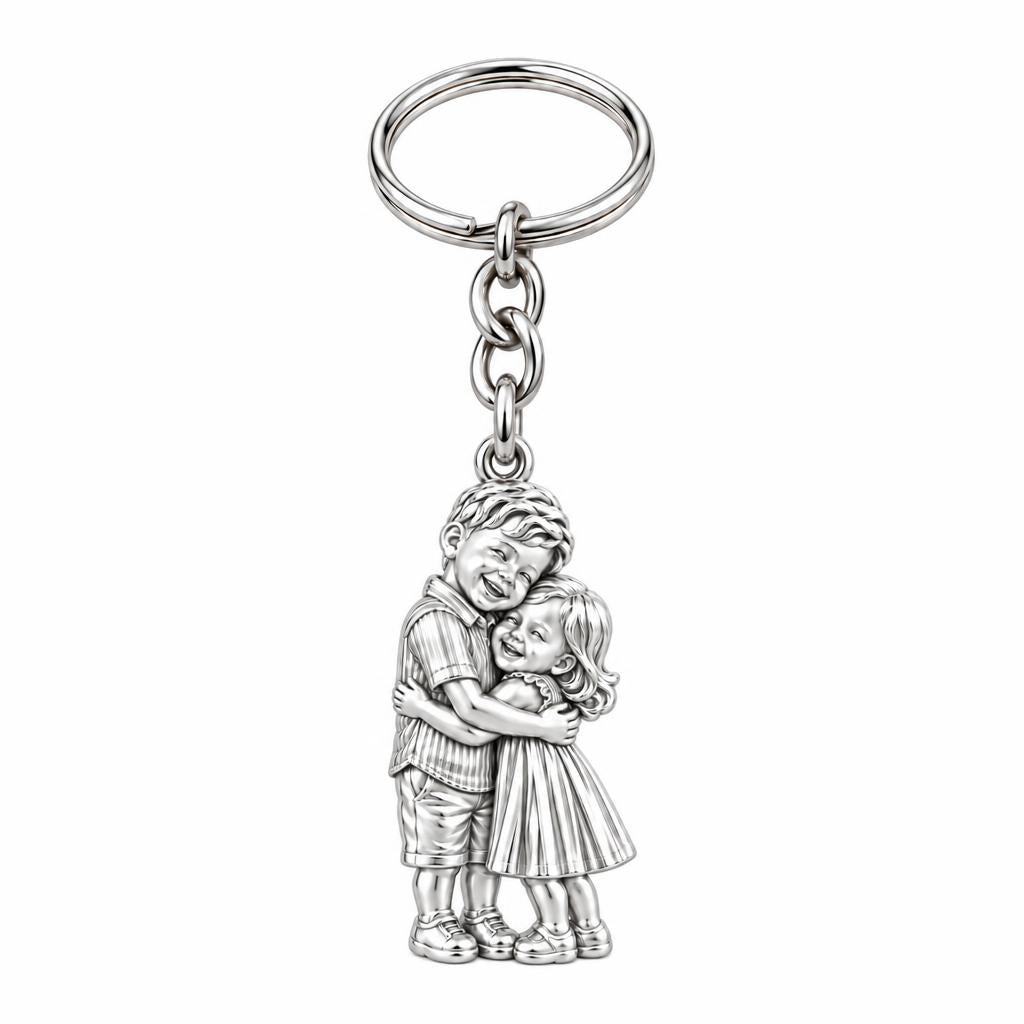 Sibling Sweetheart Hug Charm Keychain – silver, front view
