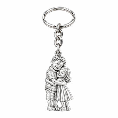 Sibling Sweetheart Hug Charm Keychain – silver, front view