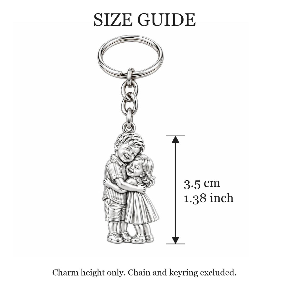 Sibling Sweetheart Hug Charm Keychain – size guide, 3.5 cm (1.38 in) charm, chain and keyring excluded
