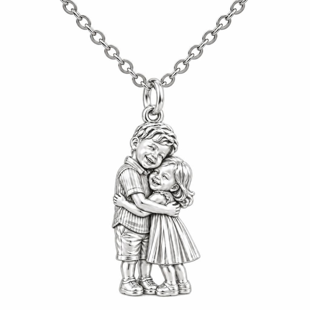 Sibling Sweetheart Hug Charm Necklace Set – silver, front view
