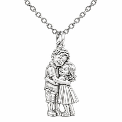Sibling Sweetheart Hug Charm Necklace Set – silver, front view