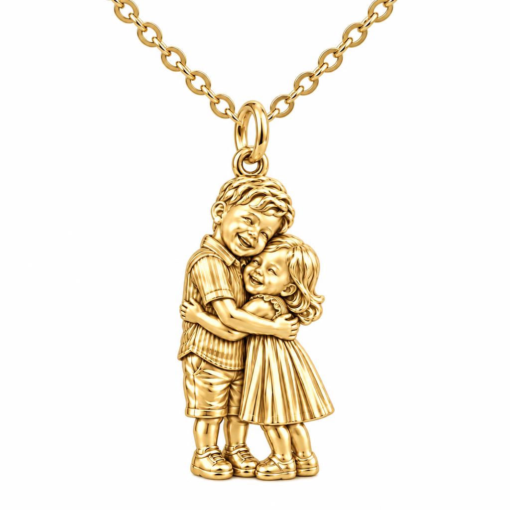 Sibling Sweetheart Hug Charm Necklace Set – 18K gold, front view