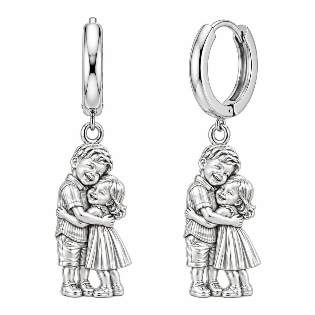 Sibling Sweetheart Hug Huggie Charm Earrings – silver, front view