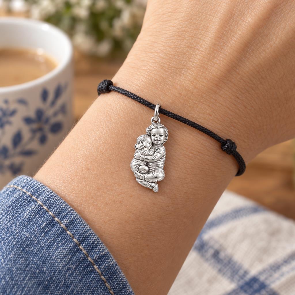 Siblings Forever Hug Charm Bracelet – Personalized Mom Gift – worn on the wrist on a black cord bracelet