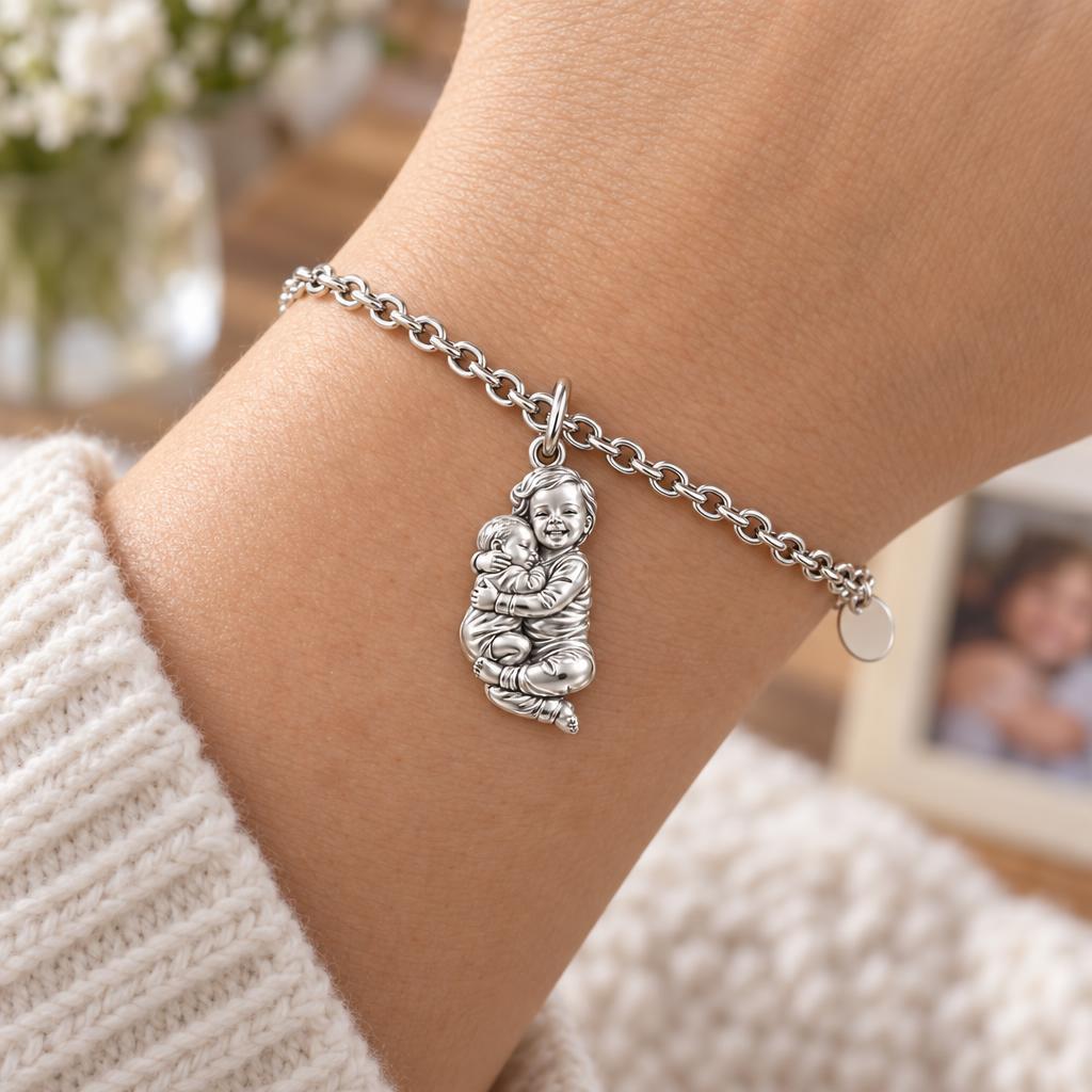 Siblings Forever Hug Charm Bracelet Set – worn / in use
