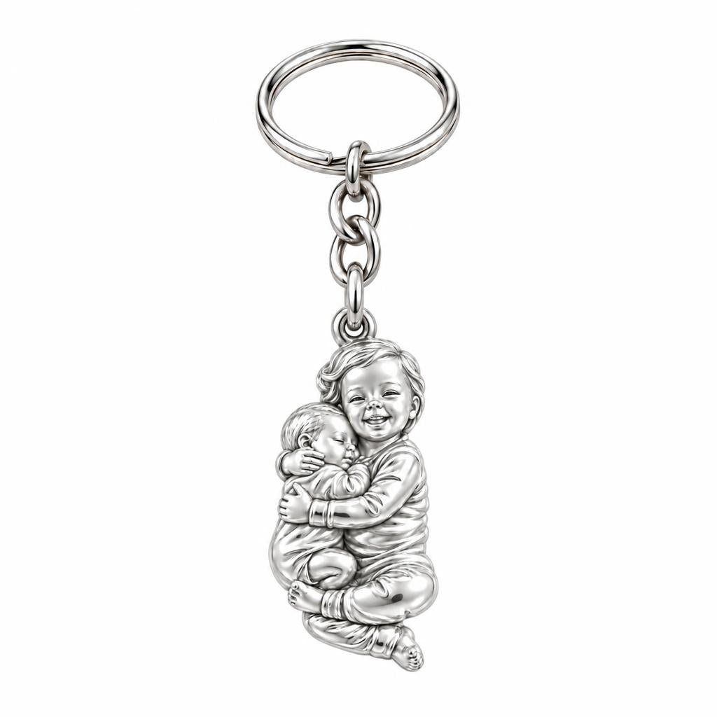 Siblings Forever Hug Charm Keychain – silver, front view