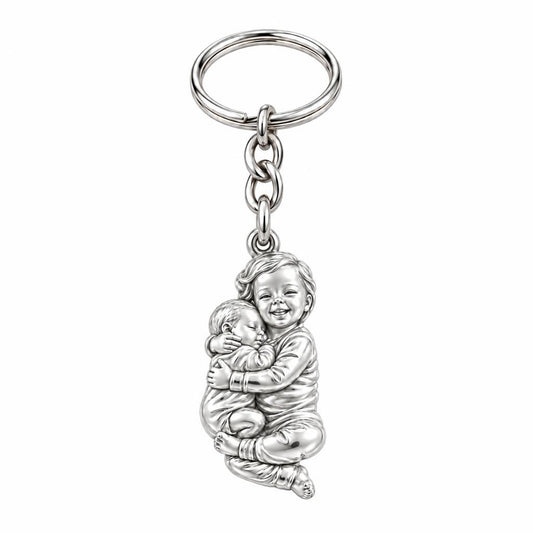 Siblings Forever Hug Charm Keychain – silver, front view