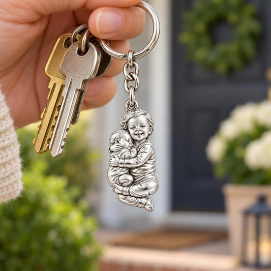 Siblings Forever Hug Charm Keychain – worn / in use