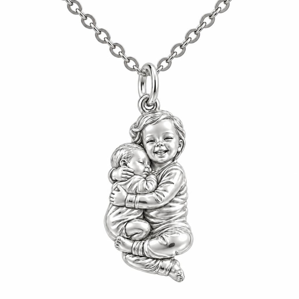 Siblings Forever Hug Charm Necklace Set – silver, front view