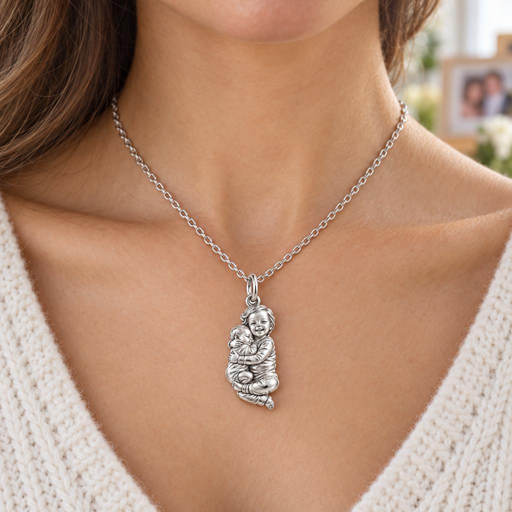 Siblings Forever Hug Charm Necklace Set – worn / in use