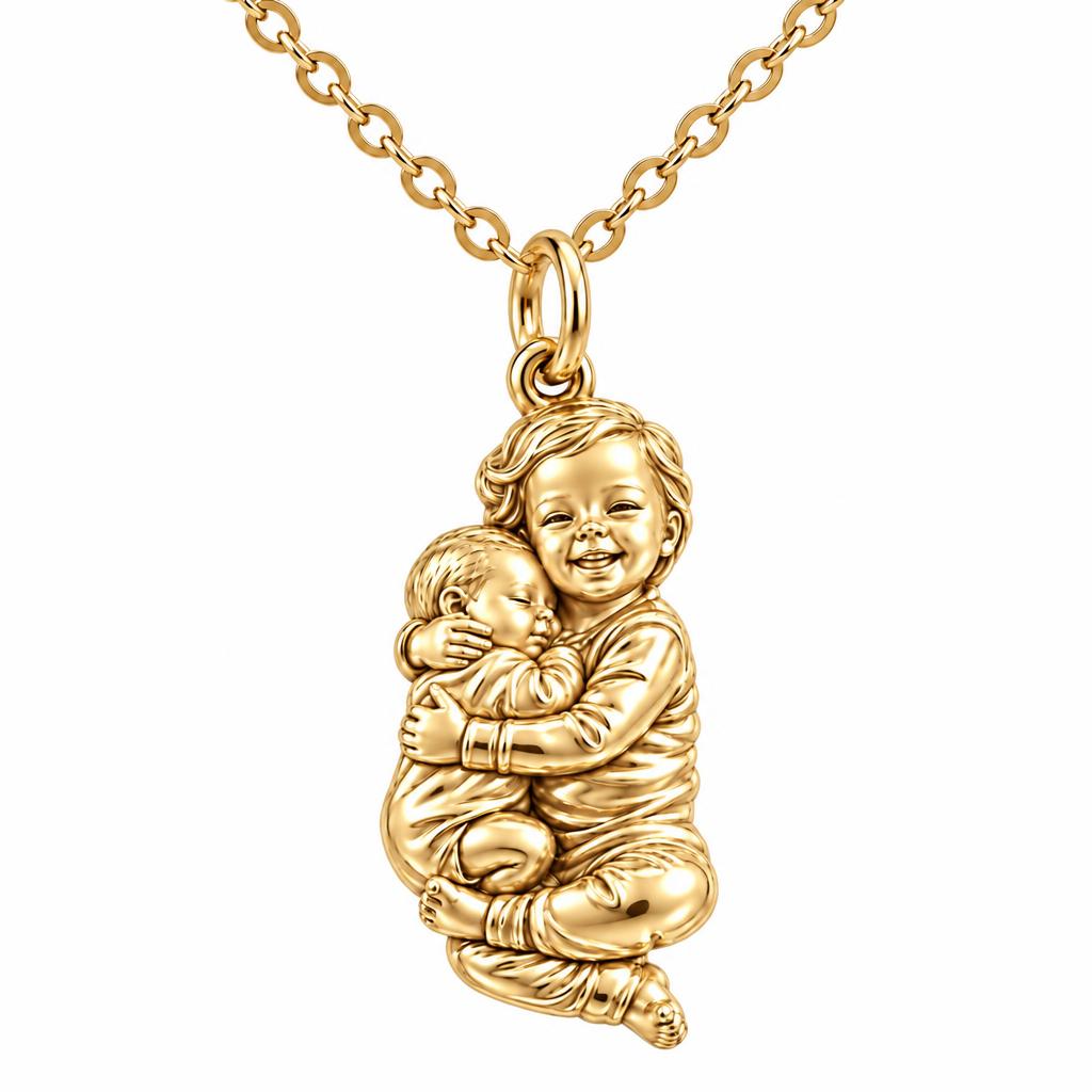Siblings Forever Hug Charm Necklace Set – 18K gold, front view