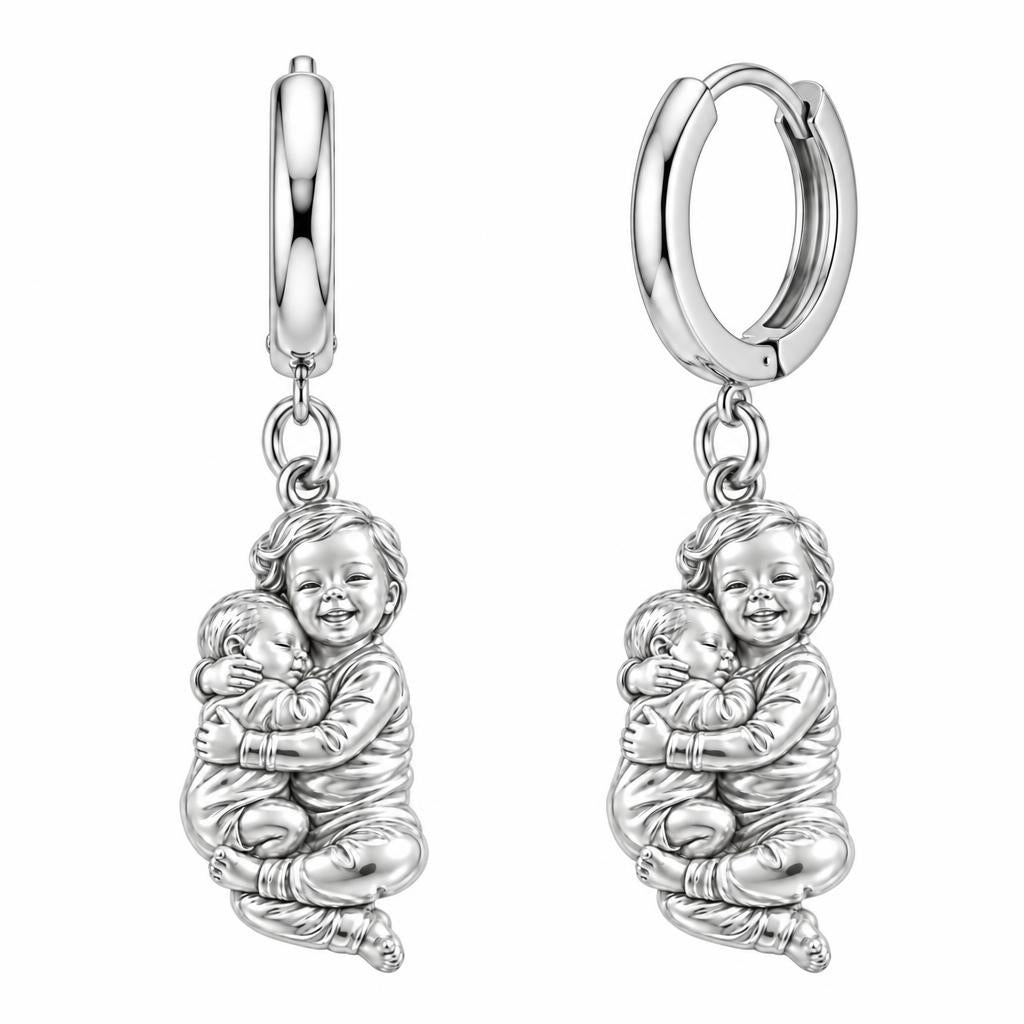 Siblings Forever Hug Huggie Charm Earrings – silver, front view