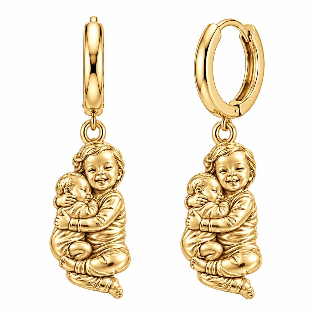 Siblings Forever Hug Huggie Charm Earrings – 18K gold, front view