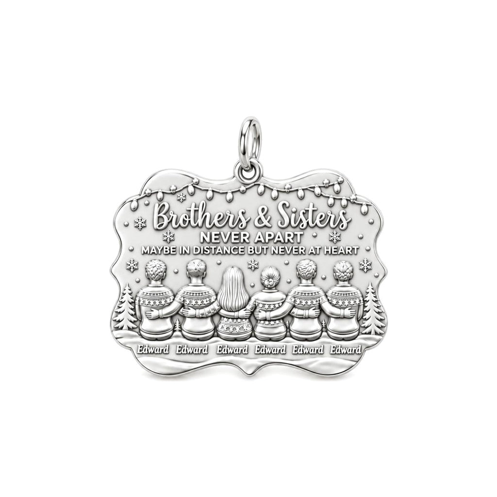 Siblings Never Apart Charm Bracelet – Personalized Sibling Gift – silver plated 3 cm charm, front view