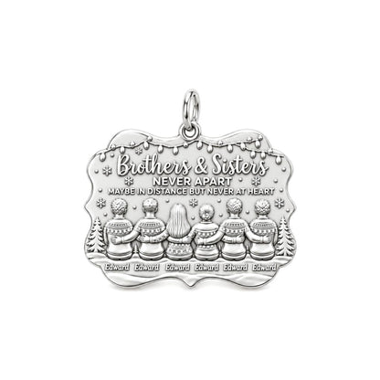 Siblings Never Apart Charm Bracelet – Personalized Sibling Gift – silver plated 3 cm charm, front view