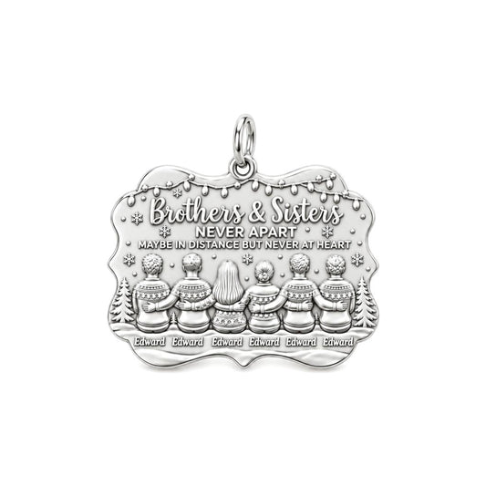 Siblings Never Apart Charm Bracelet – Personalized Sibling Gift – silver plated 3 cm charm, front view