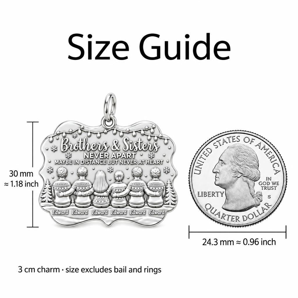 Siblings Never Apart Charm Bracelet – Personalized Sibling Gift – size guide, 3 cm charm next to a quarter