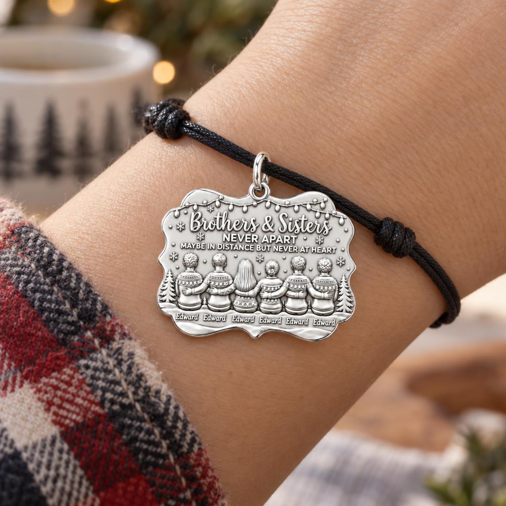 Siblings Never Apart Charm Bracelet – Personalized Sibling Gift – worn on the wrist on a black cord bracelet
