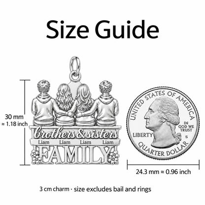 Siblings Sitting Together Charm Bracelet – Personalized Mom Gift – size guide, 3 cm charm next to a quarter