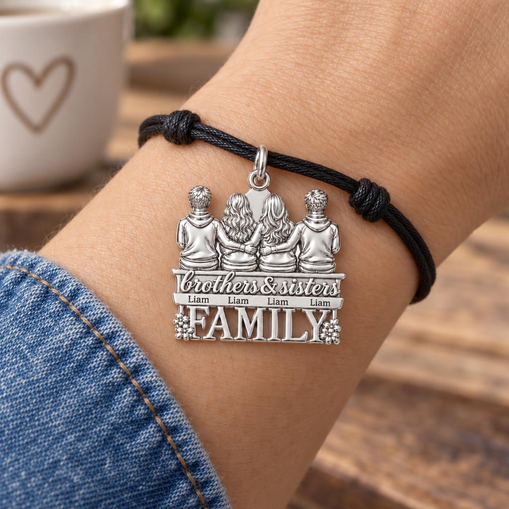Siblings Sitting Together Charm Bracelet – Personalized Mom Gift – worn on the wrist on a black cord bracelet