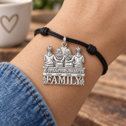 Siblings Sitting Together Charm Bracelet – Personalized Mom Gift – worn on the wrist on a black cord bracelet