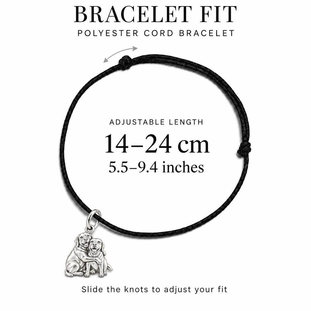 Side by Side Best Friends Charm Bracelet – Personalized Dog Mom Gift – adjustable black cord bracelet, 14–24 cm