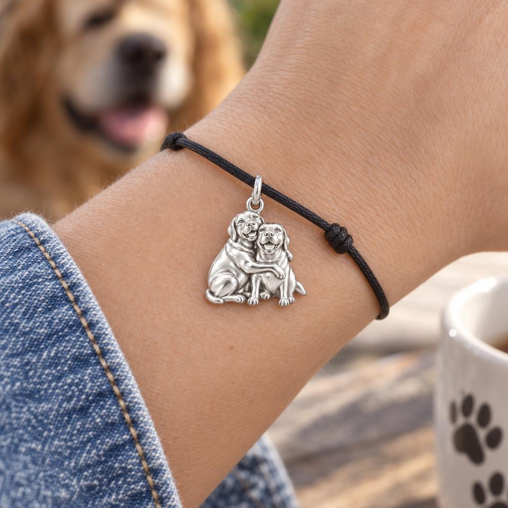 Side by Side Best Friends Charm Bracelet – Personalized Dog Mom Gift – worn on the wrist on a black cord bracelet