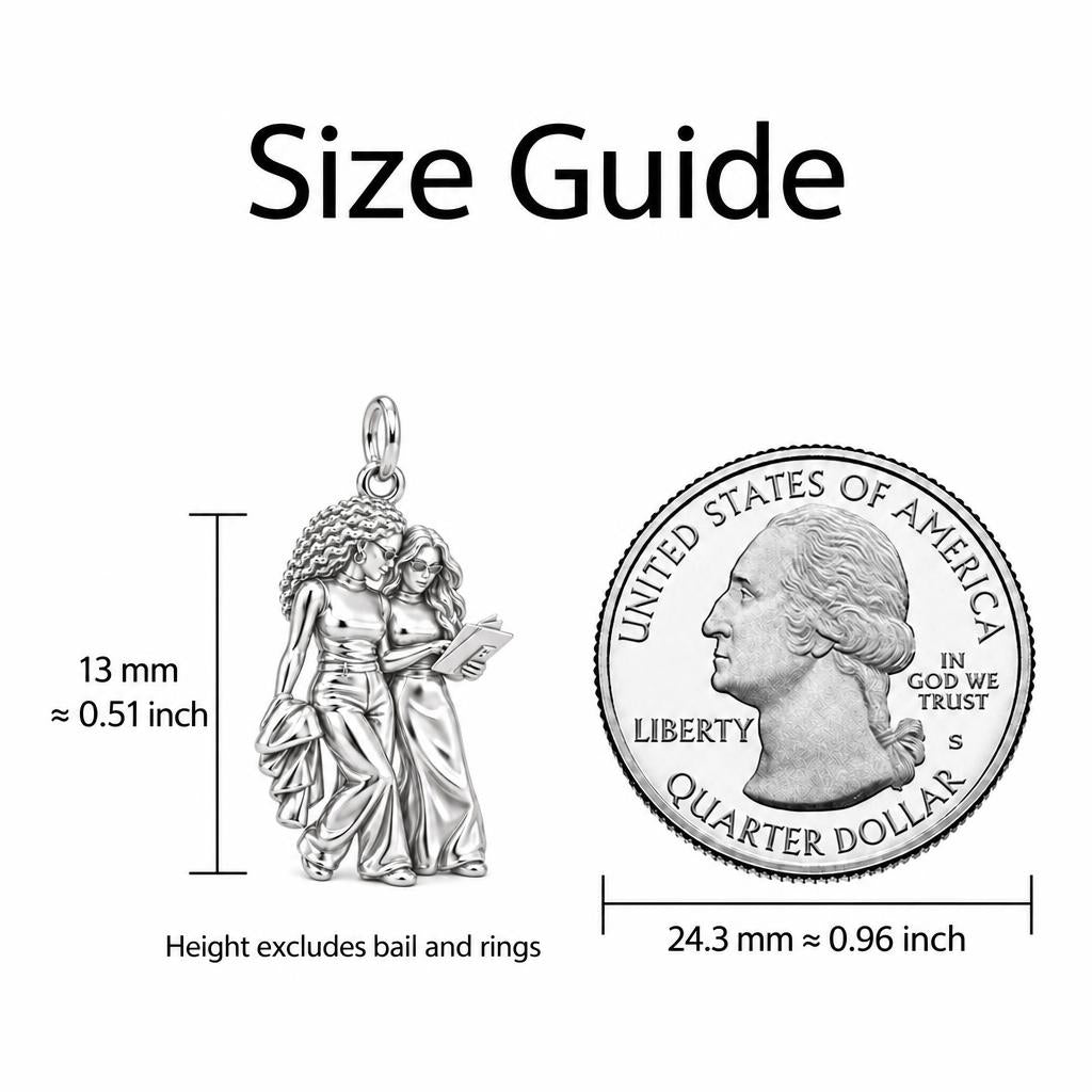 Side by Side Best Friends Charm Bracelet Set – size guide, 13 mm charm next to a quarter