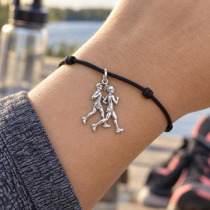Side by Side Runners Charm Bracelet – Personalized Couple Gift – worn on the wrist on a black cord bracelet