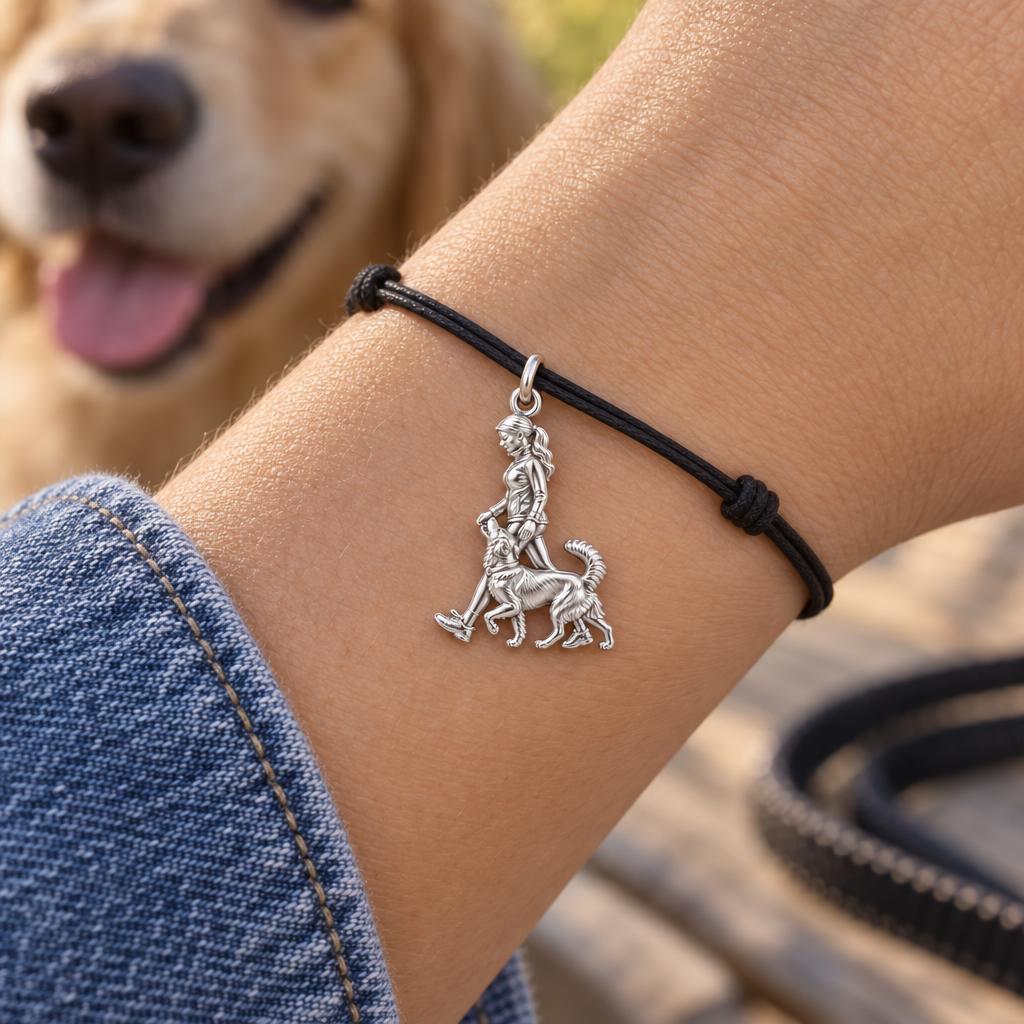 Side by Side Stroll Charm Bracelet – Personalized Dog Mom Gift – worn on the wrist on a black cord bracelet