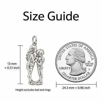 Sideline Kiss Football Charm Bracelet – Personalized Mom Gift – size guide, 13 mm charm next to a quarter