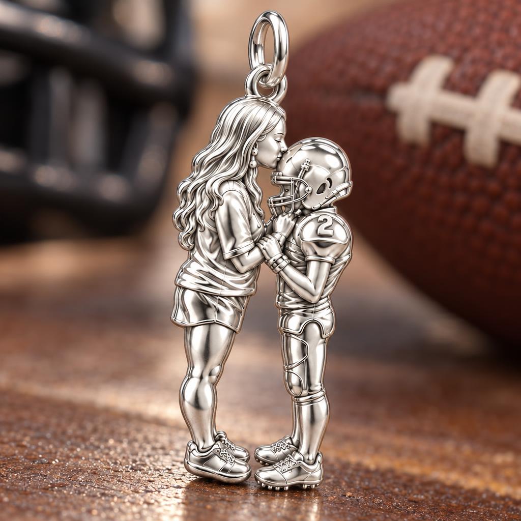 Sideline Kiss Football Charm Bracelet – Personalized Mom Gift – macro detail of the charm