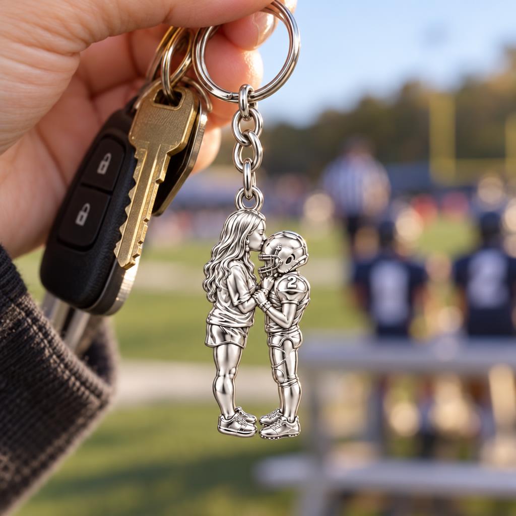 Sideline Kiss Football Charm Keychain – worn / in use