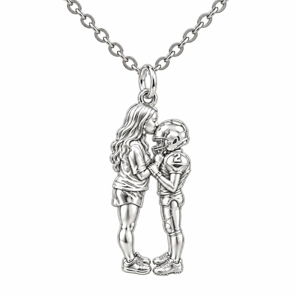 Sideline Kiss Football Charm Necklace Set – silver, front view