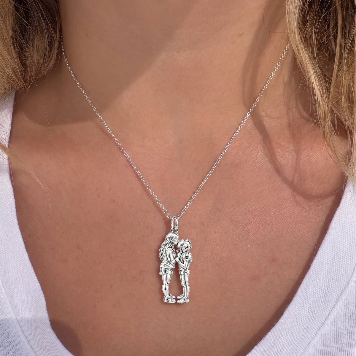 Sideline Kiss Football Charm Necklace Set – worn / in use
