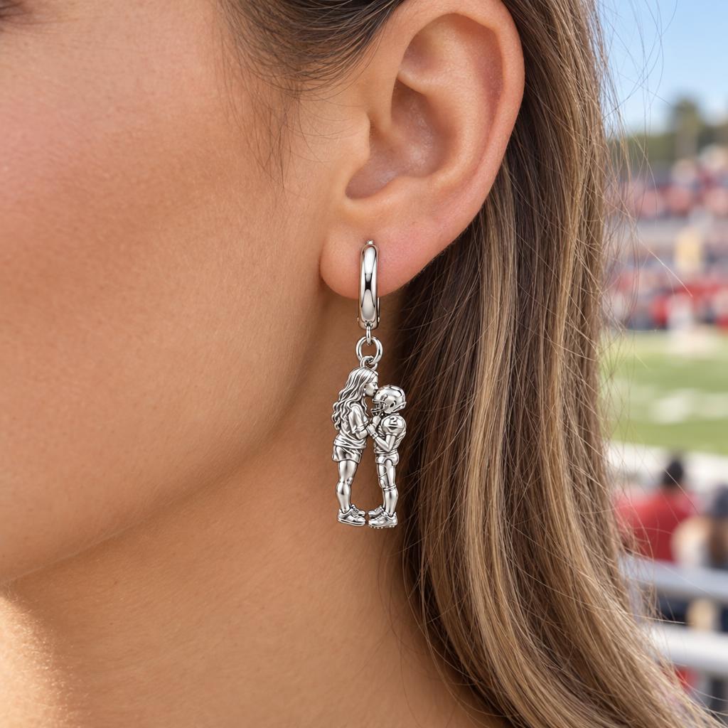 Sideline Kiss Football Huggie Charm Earrings – worn / in use