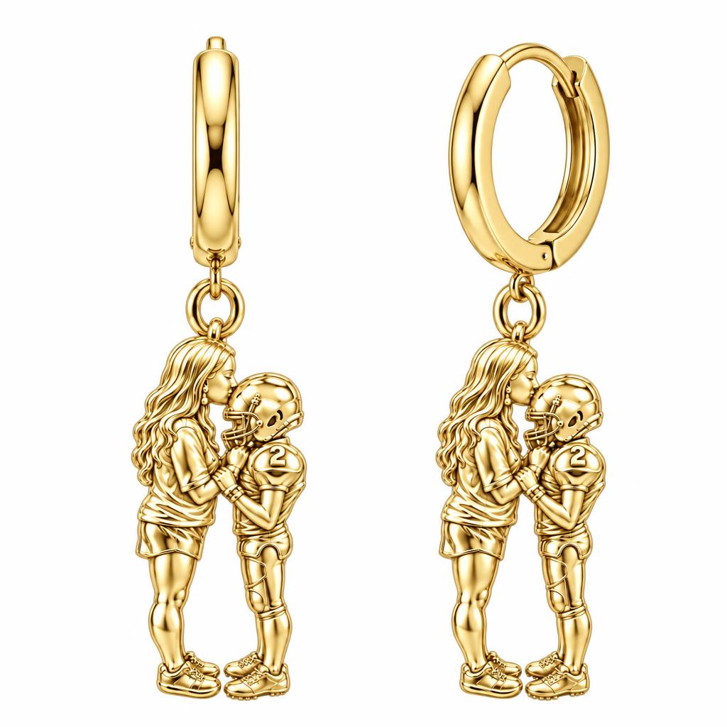Sideline Kiss Football Huggie Charm Earrings – 18K gold, front view
